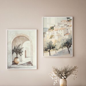 2er-Set, italienische Küsten-Wand-Kunstdrucke, hellcremefarbene Wohnzimmer-Kunst, neutrales Küstendekor, sanftbeige Schlafzimmer-Wandkunst, gedämpftes beiges Dekor Bild 2