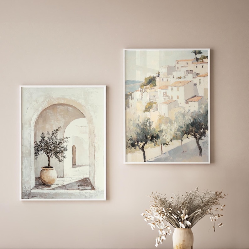 2er-Set, italienische Küsten-Wand-Kunstdrucke, hellcremefarbene Wohnzimmer-Kunst, neutrales Küstendekor, sanftbeige Schlafzimmer-Wandkunst, gedämpftes beiges Dekor Bild 2