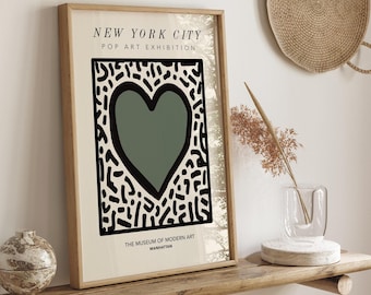 Dark Green Print, Green Wall Art, Heart Print, Green Print Wall, Retro Wall Art, Graffiti Art Poster, Living Room Art, Green Bedroom Decor,