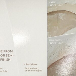 The image is a collage of two images, each depicting different finishes of matte and semi-gloss finishes. The text provides a visual guide for choosing between the two finishes, with the text on the left side indicating the type of finish and the text on the right side providing a description of the finish.