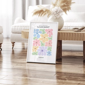 Impressão pastel, pôster do mercado de flores de Londres, arte de parede pastel, pastel dinamarquês, arte de parede colorida, arte de sala de estar, impressões para quarto, arte boho