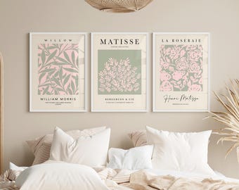 Stampe d'arte moderna color salvia, rosa e crema: set di 3 / Arte botanica di Henri Matisse per soggiorno neutro / Decorazione per camera da letto rosa e verde