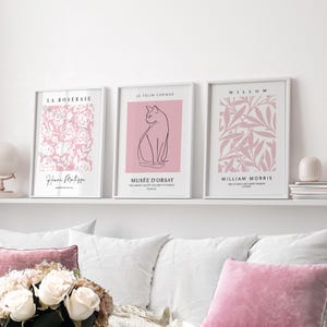 Impressions rose pastel, lot de 3, oeuvre d'art murale rose, affiche Matisse, impression William Morris, dessin au trait impression chat, oeuvre d'art pour le salon, tirages rose pour chambre à coucher