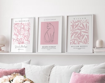 Pastell Rosa Prints, 3er Set, Rosa Wandkunst, Matisse Poster, William Morris Druck, Line Art Katzendruck, Wohnzimmer Kunst, Rosa Schlafzimmerdrucke