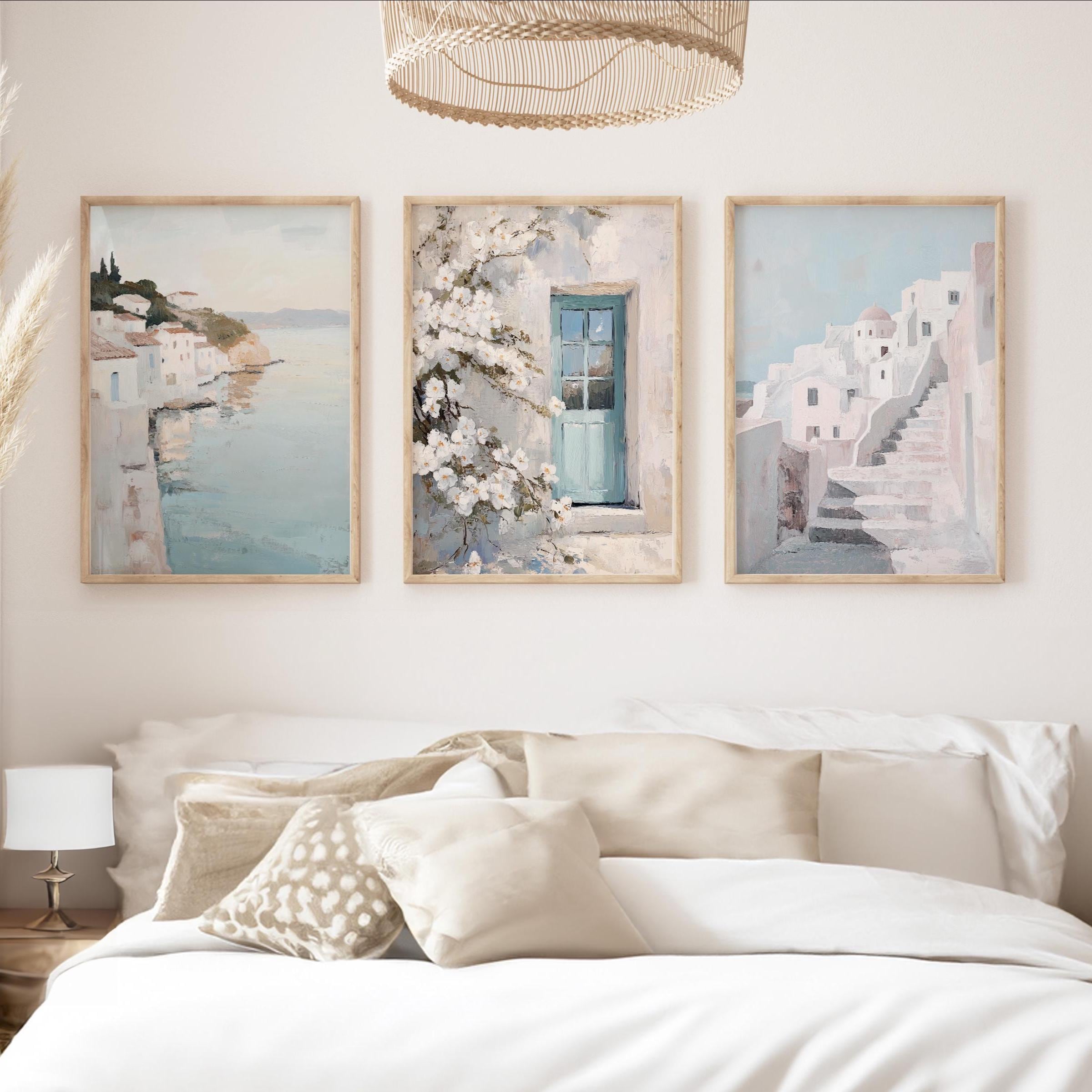 Set of 3, Grecian Coastal Wall Art Prints, Light Blue Living Room Art, Neutral Coastal Decor, Soft Blue Bedroom Wall Art, Muted Blue Decor