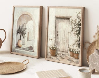 2er-Set, italienische Küsten-Wand-Kunstdrucke, hellcremefarbene Wohnzimmer-Kunst, neutrales Küstendekor, sanftbeige Schlafzimmer-Wandkunst, gedämpftes beiges Dekor