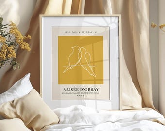 Senf Lovebirds Druck, Neutrales Kunstplakat, Dunkelgelbe Wandkunst, Senf Picasso-Druck, Moderne Wohnzimmerkunst, Neutrales Schlafzimmerdekor