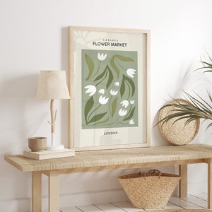 Impression marché aux fleurs sauge, art mural vert sauge, marché aux fleurs de Londres, impression verte, décoration murale verte, décoration murale neutre, affiche botanique