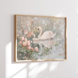 アンティークな白鳥の風景画 | ピンクのヴィンテージウォールアートプリント | アンティークギャラリーアート | 寝室用プリント | ブラッシュピンクのウォールデコレーション | 女の子の保育園用アート 画像 5