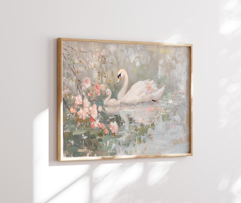 アンティークな白鳥の風景画 | ピンクのヴィンテージウォールアートプリント | アンティークギャラリーアート | 寝室用プリント | ブラッシュピンクのウォールデコレーション | 女の子の保育園用アート 画像 5