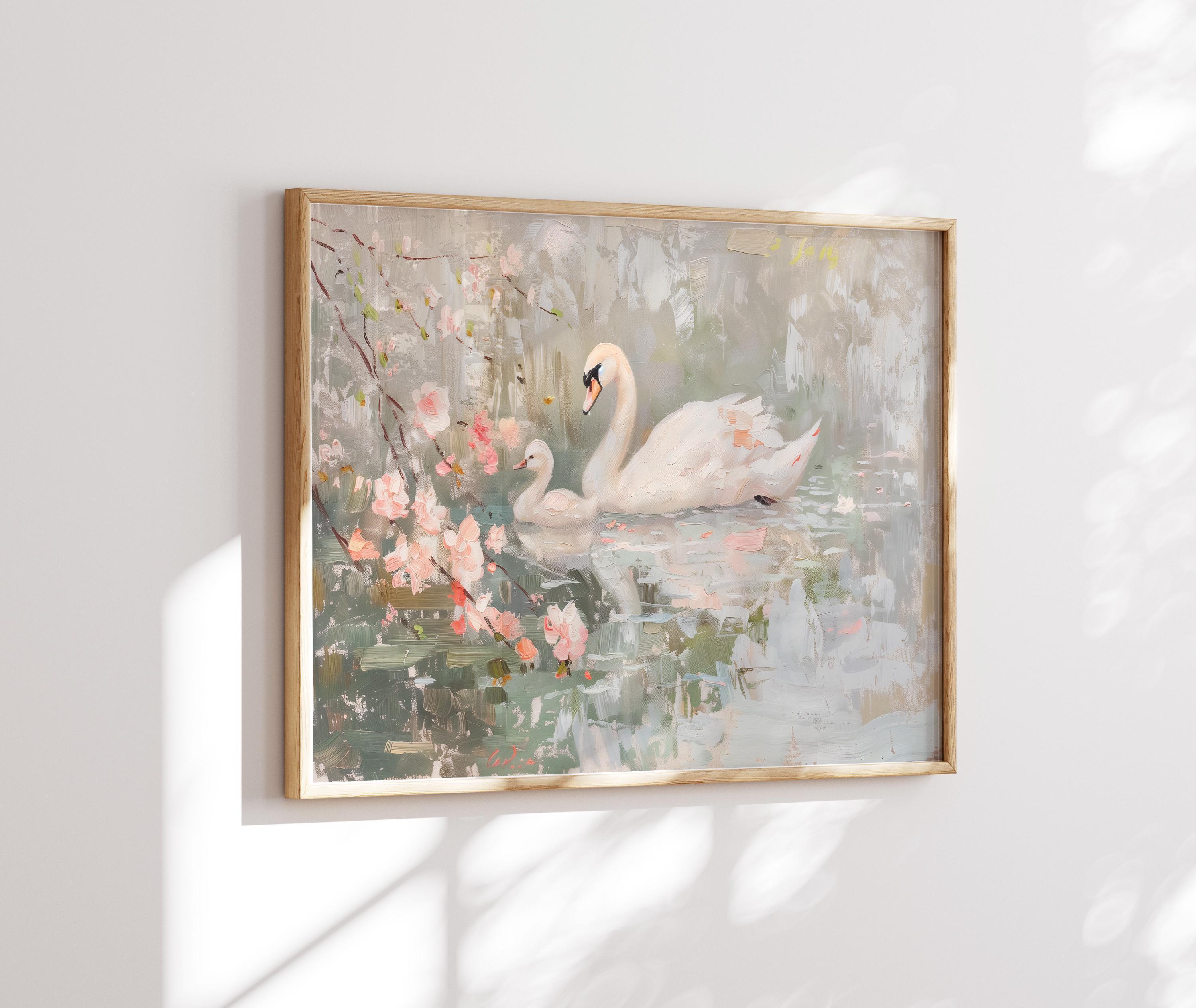 アンティークな白鳥の風景画 | ピンクのヴィンテージウォールアート