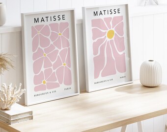 Stampe di fiori rosa e gialli: set di 2 / Henri Matisse Papiers Decoupes Pastel Wall Art / Stampe floreali per la camera da letto / Arte alla moda per il soggiorno in rosa