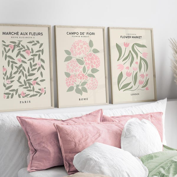 Sage, Pink & Cream Flower Market Prints: Set of 3 | Paris Botanical Art For Neutral Living Room | Pink Green Bedroom Wall Decor