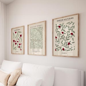 Sage & Burgundy Prints, 3 Set, Sage Green Wall Art, Matisse Print, Green Print, Paris Flower Market Art, Living Room Art, Neutral Wall Decor