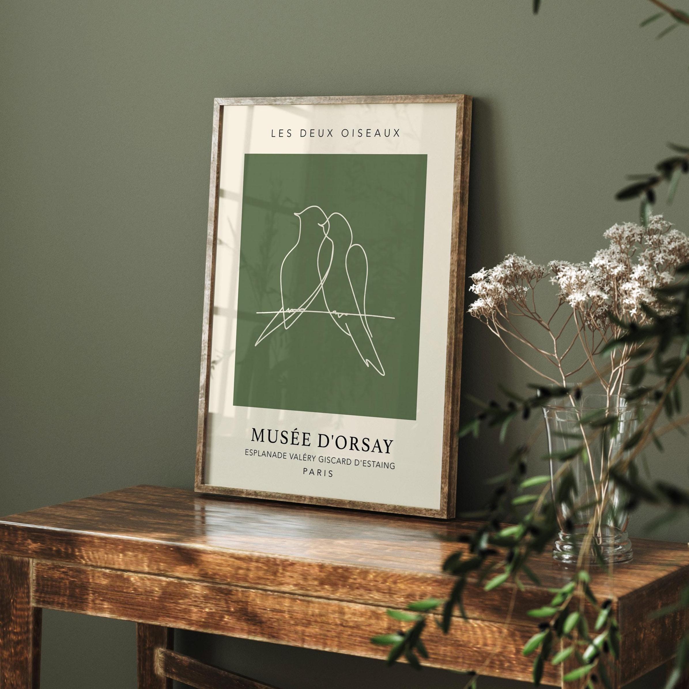 Forest Green & Cream: Two Birds Line Art Print | Dark Green