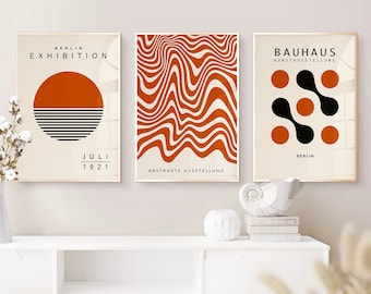 Burnt Orange Prints, Set of 3, Orange Wall Art, Bauhaus