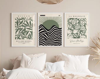 Forest Green Print, 3 Set, Dark Green Wall Art, Matisse Print, William Morris, Gallery Wall Art, Green Abstract Print, Exhibition Art Poster