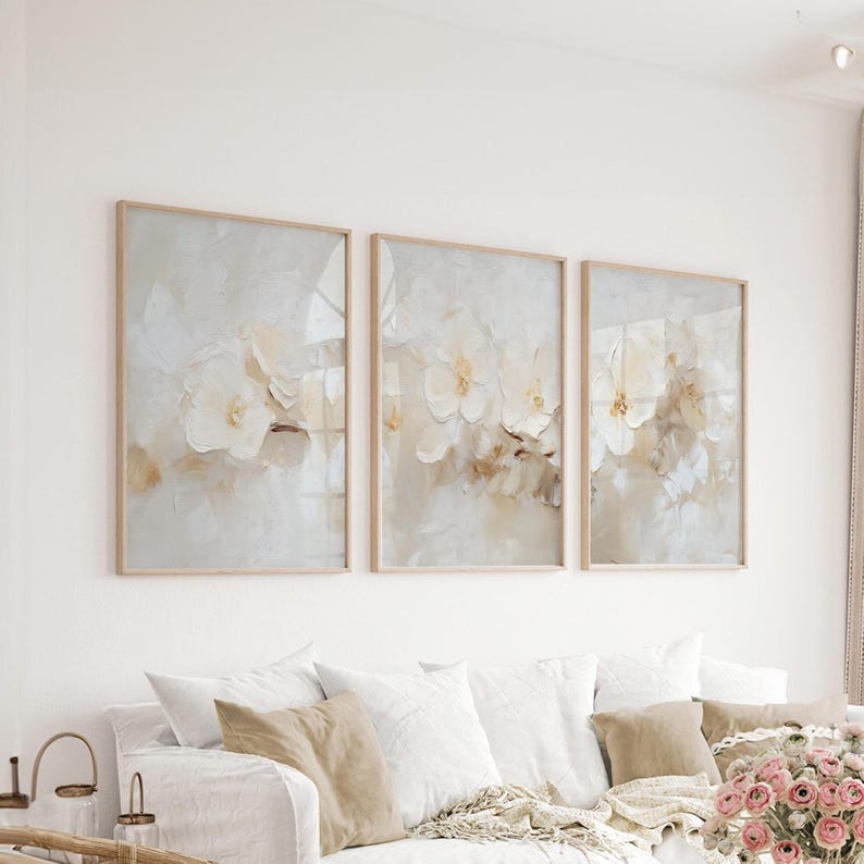 Set of 3: Neutral Cream Minimalist Flower Prints | 3 Off-white Living ...