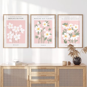 Lot de 3 estampes marché aux fleurs roses, gravures rose clair, oeuvre d'art mural rose, marché aux fleurs de Milan, décoration murale pastel, gravures de chambre à coucher, oeuvre d'art de salon