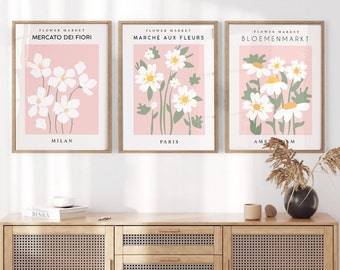 Pastel Pink Flower Market Prints, Set of 3, Pink Prints, Pink Wall Art, Milan Flower Market, Pastel Wall Decor, Bedroom Prints, A2, A3, A4