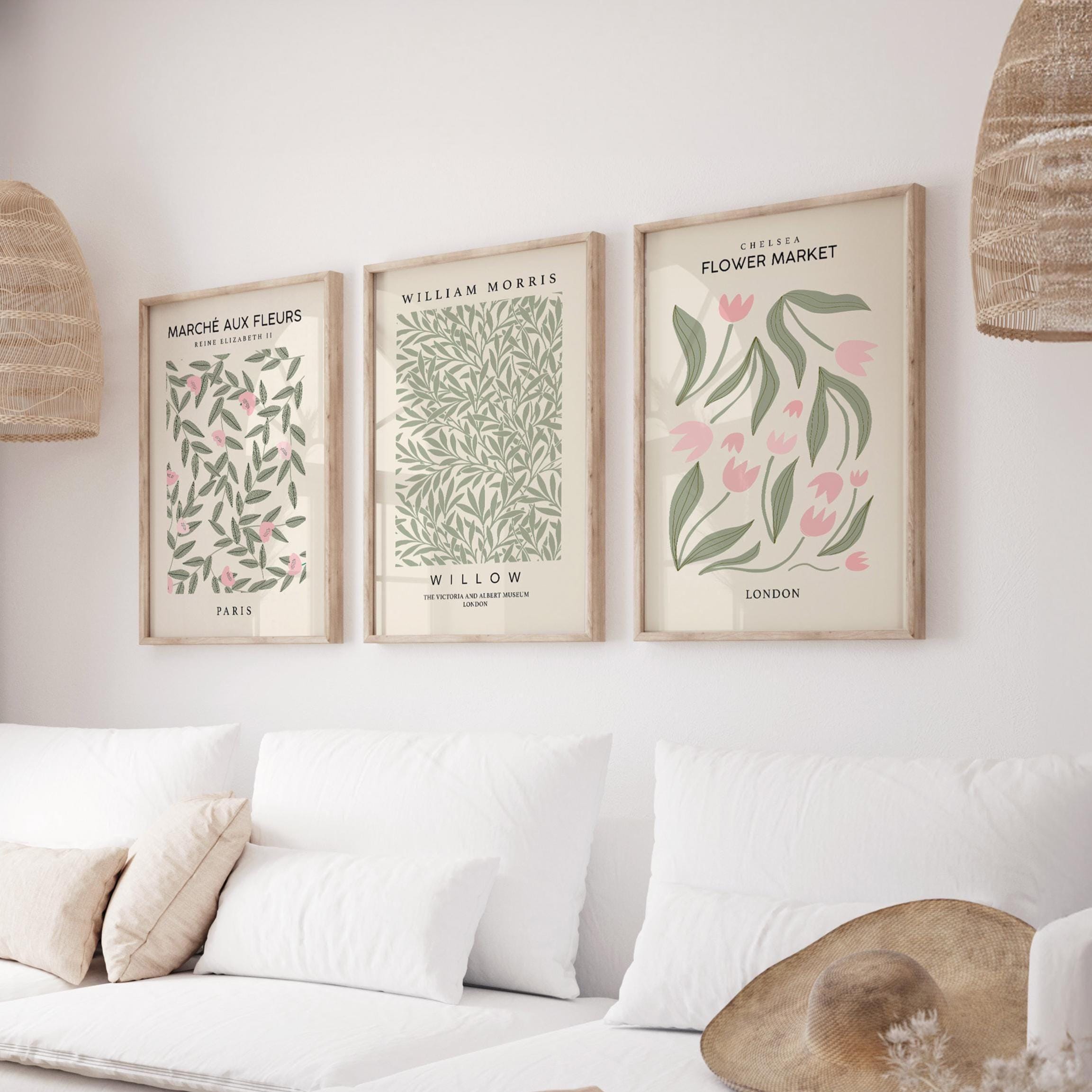 Sage, Pink & Cream Mid-century Modern Prints: Set of 3 | Flower