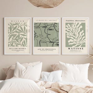 Sage Grün & Creme Mid-Century Modern Drucke: 3er Set | Henri Matisse Kunst für neutrales Wohnzimmer | Grüner abstrakter Druck für Schlafzimmer