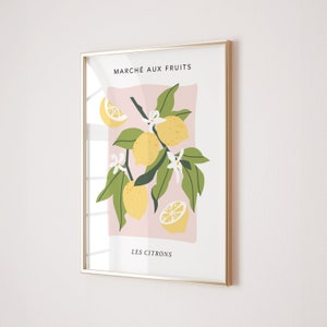 Impression citrons, affiche du marché de fruits, impression rose poudré, art mural jaune, mur de la galerie, art mural pastel, art mural cuisine, art salon