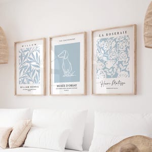 Láminas azules de Matisse, juego de 3, Matisse, William Morris, azul pato, arte mural azul, arte mural botánico, regalo para dueños de perros salchichas, láminas azules