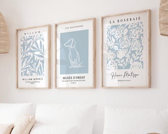 Blue Matisse Prints, Set of 3, Matisse, William Morris, Duck Egg Blue, Blue Wall Art, Botanical Wall Art, Dachshund Owner Gift, Blue Prints