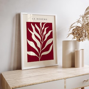 Burgundy Botanical Print, Wine Wall Art, Modern Art, Botanical Print, Boho Poster, Burgundy Wall Decor, Beige Living Room, Neutral Wall Art