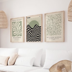 Sage Green Prints, Set of 3, Green Wall Art, Matisse Print, Bauhaus Poster, William Morris Wall Art, Living Room Art, Neutral Wall Decor