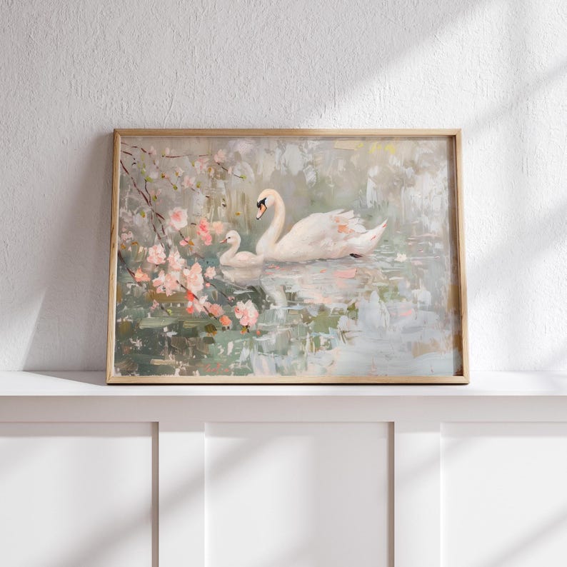 アンティークな白鳥の風景画 | ピンクのヴィンテージウォールアートプリント | アンティークギャラリーアート | 寝室用プリント | ブラッシュピンクのウォールデコレーション | 女の子の保育園用アート 画像 4