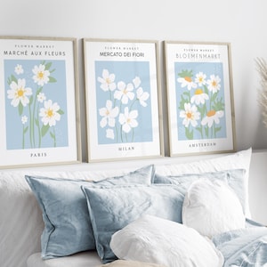 Lot de 3 impressions marguerites bleues, marché aux fleurs de Paris, estampes bleu clair, art mural bleu, art mural floral, art pour dortoir, posters de chambre à coucher, au-dessus du lit
