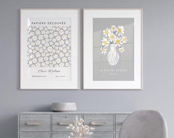 Soft Grey Art Prints: Set of 2 | Grey Wall Art, Henri Matisse, Daisy Prints, Neutral Wall Decor, Living Room Art, Prints for Bedroom