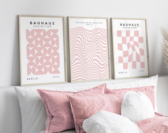 Set van 3: Abstracte Bauhaus-prints, zachtroze muurdecoratie, retro muurdecoratie voor de woonkamer, prints voor de slaapkamer, roze tentoonstellingsposters