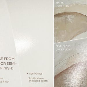 The image is a collage of two images, each depicting different finishes of matte and semi-gloss finishes. The text provides a visual guide for choosing between the two finishes, with the text on the left side indicating the type of finish and the text on the right side providing a description of the finish.