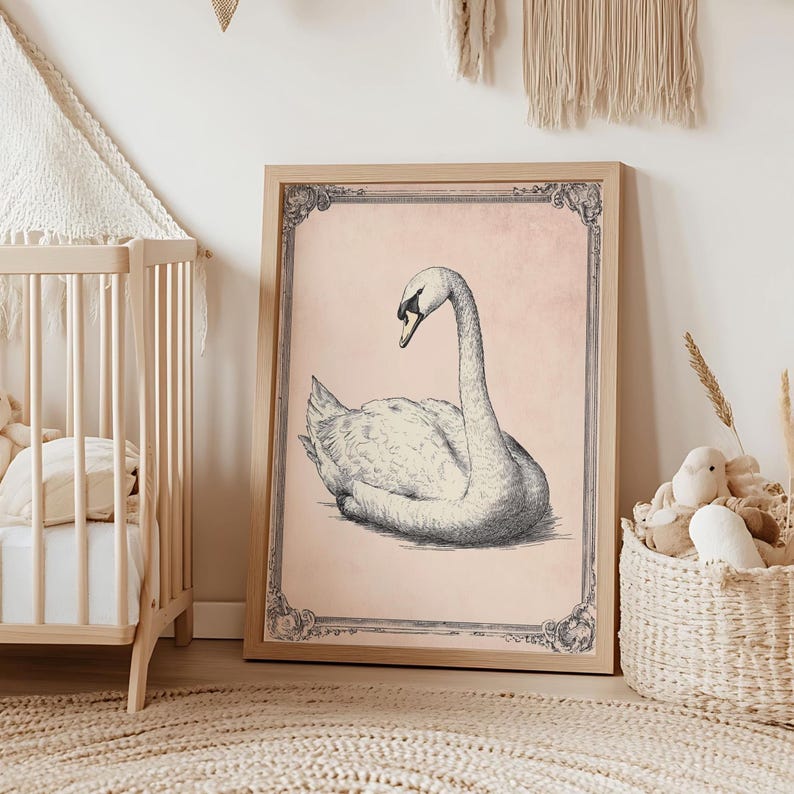 Antique Swan Illustration Print | Vintage Pink Wall Art | Blush Nursery ...