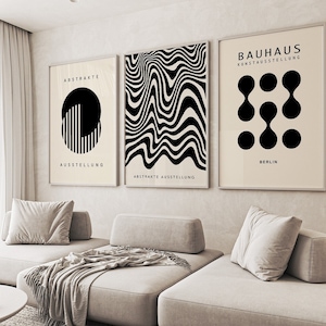 Bauhaus-prints, set van 3, zwarte muurkunst, retro muurkunst, neutraal muurdecor, woonkamerkunst, prenten voor slaapkamer, tentoonstellingskunstposters