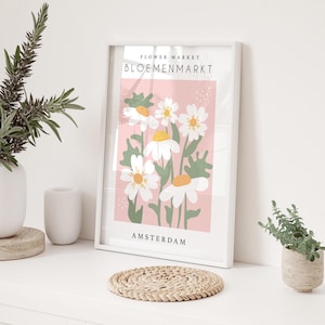 Marché aux fleurs d'Amsterdam, art mural rose, impression rose, marché aux fleurs pastel, décoration murale pastel, affiche d'art de l'exposition, art moderne, A1 A2 A3 A4