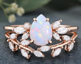Pear Lab Opal Leaf Ring Set | Moissanite Engagement Ring | Nature Vine Wedding Ring Set | 925 Sterling Silver Gold Plated | Bridal Ring Set