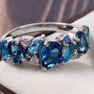 Alliance en argent sterling avec topaze bleue de Londres, demi-bague d'éternité vintage avec pierres précieuses poire