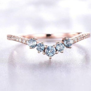 Vintage Aquamarine Rose Gold Curved Wedding Ring Band 925 Silver Moissanite March Birthstone Blue Stone Bridal Stackable Ring For Women Gift
