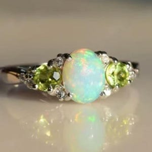 Oval Cut Fire Opal Peridot Ring Unique Stacking Promise Ring 925 Silver Engagement Ring October Birthstone Jewelry Proposal Gift For Her.