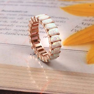 Unique Opal Wedding Band Women Baguette Cut Opal Ring Rose Gold plated 925 Silver Eternity Band Vintage Promise Bridal Ring Anniversary Gift