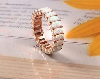 Unique Opal Wedding Band Women Baguette Cut Opal Ring Rose Gold plated 925 Silver Eternity Band Vintage Promise Bridal Ring Anniversary Gift