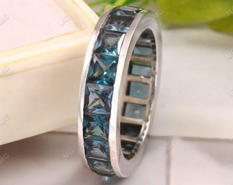 Princess Cut Blue Topaz Wedding Band Silver Blue Gemstone Stacking Ring  Women Anniversary Ring Statement Ring Stackable Gemstone Ring Gift.