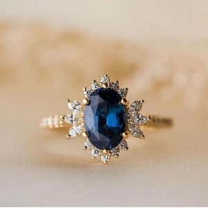 Vintage Blue Sapphire Engagement Ring, Princess Diana sapphire Oval cut 14k gold Plated diamond ring,2 Ct Blue sapphire ring Birthstone Ring