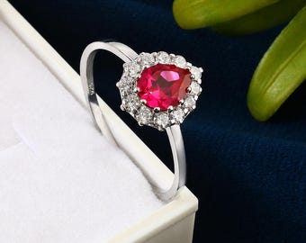 Pear Cut Lab Ruby Halo Ring, 925 Sterling Silver Engagement Ring, July Birthstone, Promise Ring, Anniversary Gift for Her Moissanite Ring
