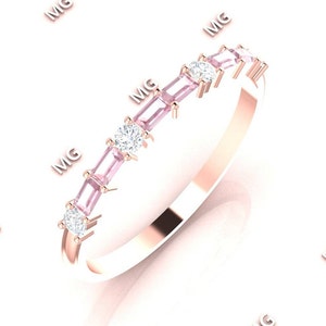 Baguette Pink Sapphire Wedding Band: Moissanite Sterling Silver Ring