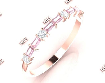 Baguette Pink Sapphire Diamond Wedding band, September Birthstone Ring, Half Eternity Sapphire Ring, Promise Ring, Vintage Wedding Band gift